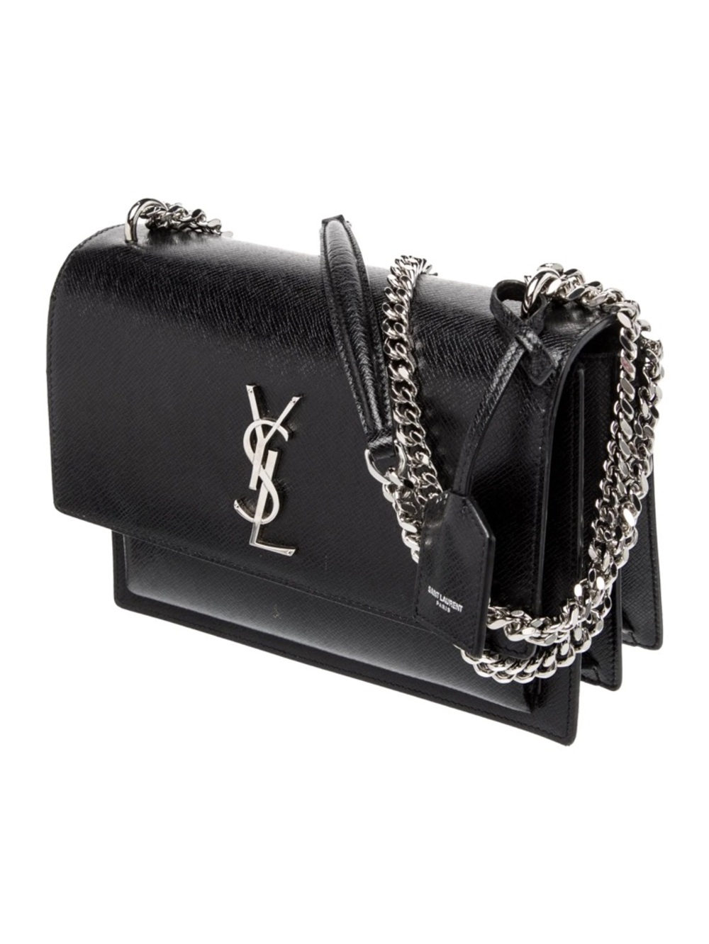Yves Saint Laurent Black Leather Chain Shoulder Bag with Silver YSL Logo